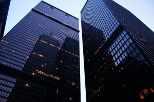 Ground view of tinted glass building