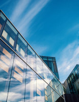 Ground view of glass buildings