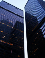 Ground view of tinted glass building