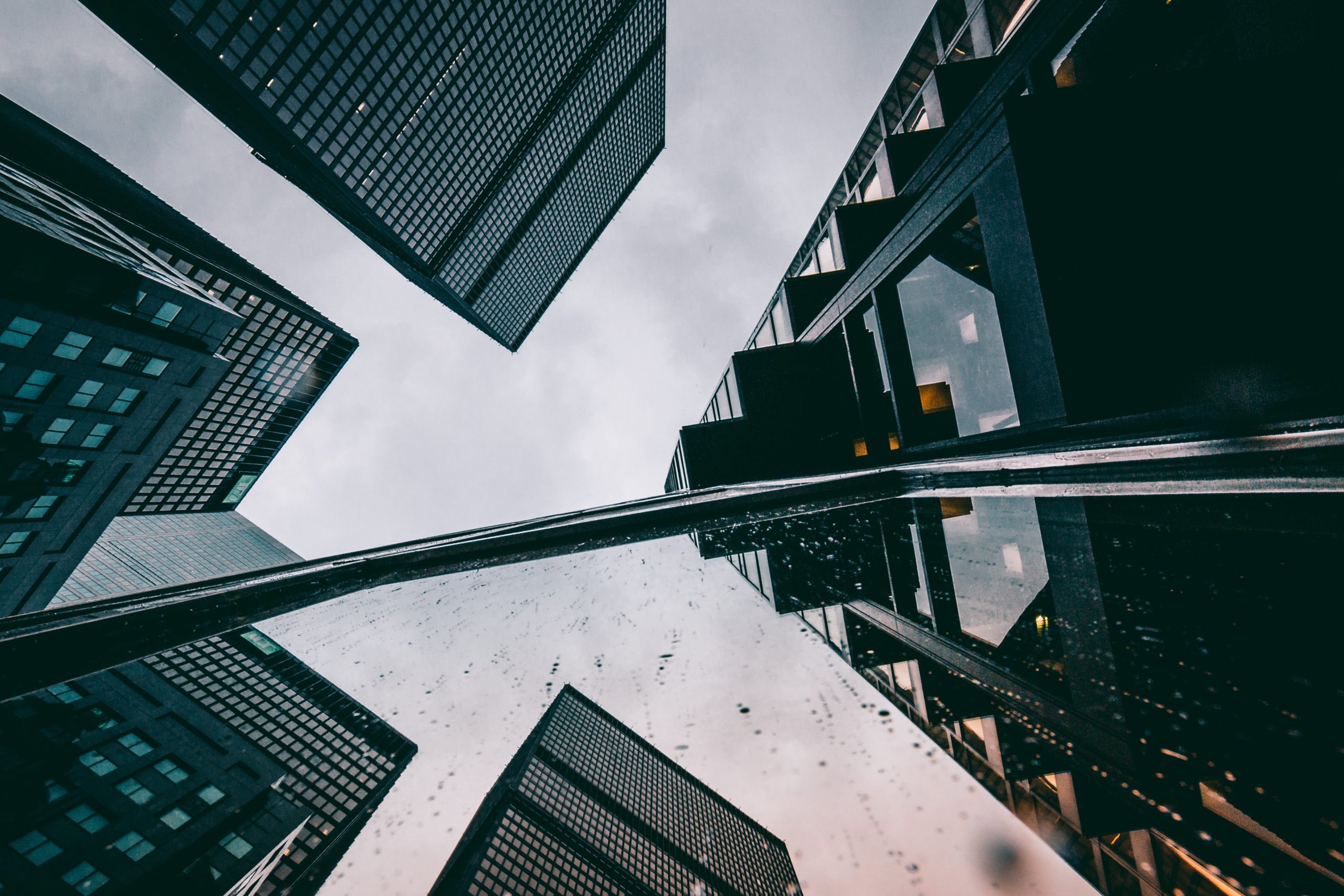 Looking up at surrounding buildings as if you were on the street.