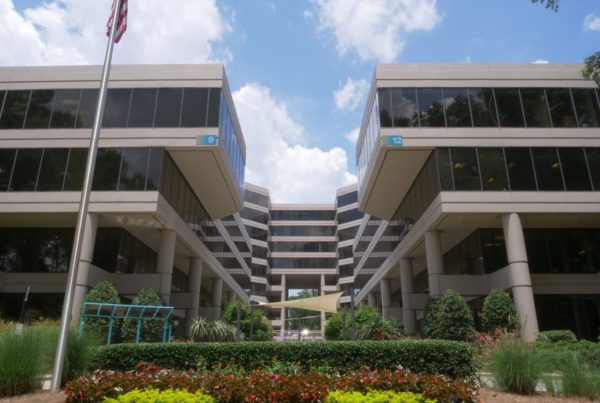 Office building with solar window film