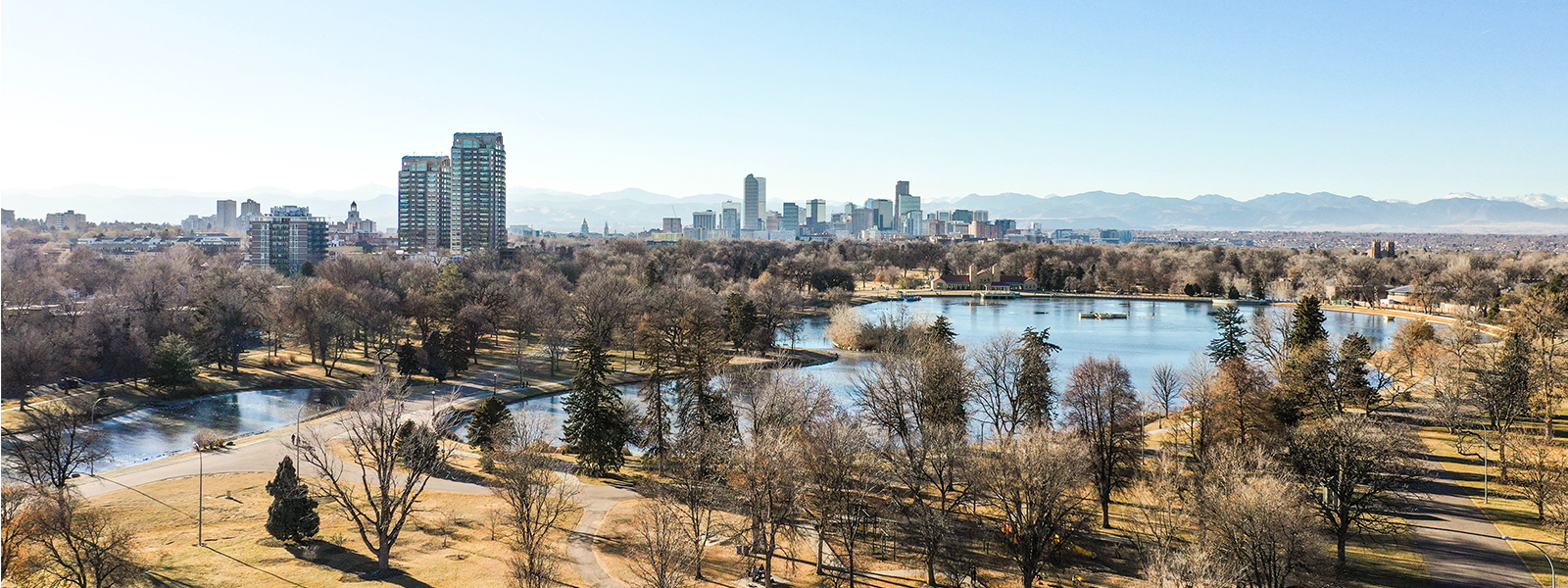 Colorado skyline of buildings with window film, graphics, and signage