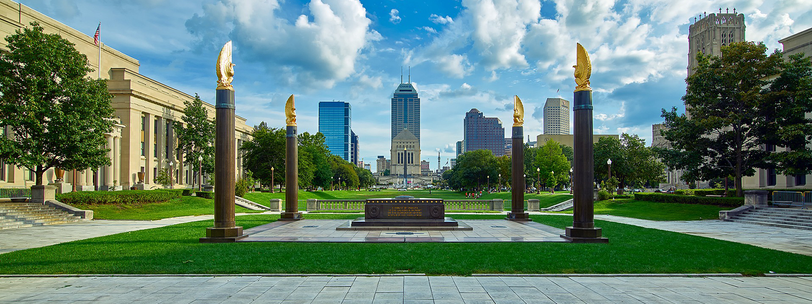 Indianapolis skyline of buildings with window film, graphics, and signage