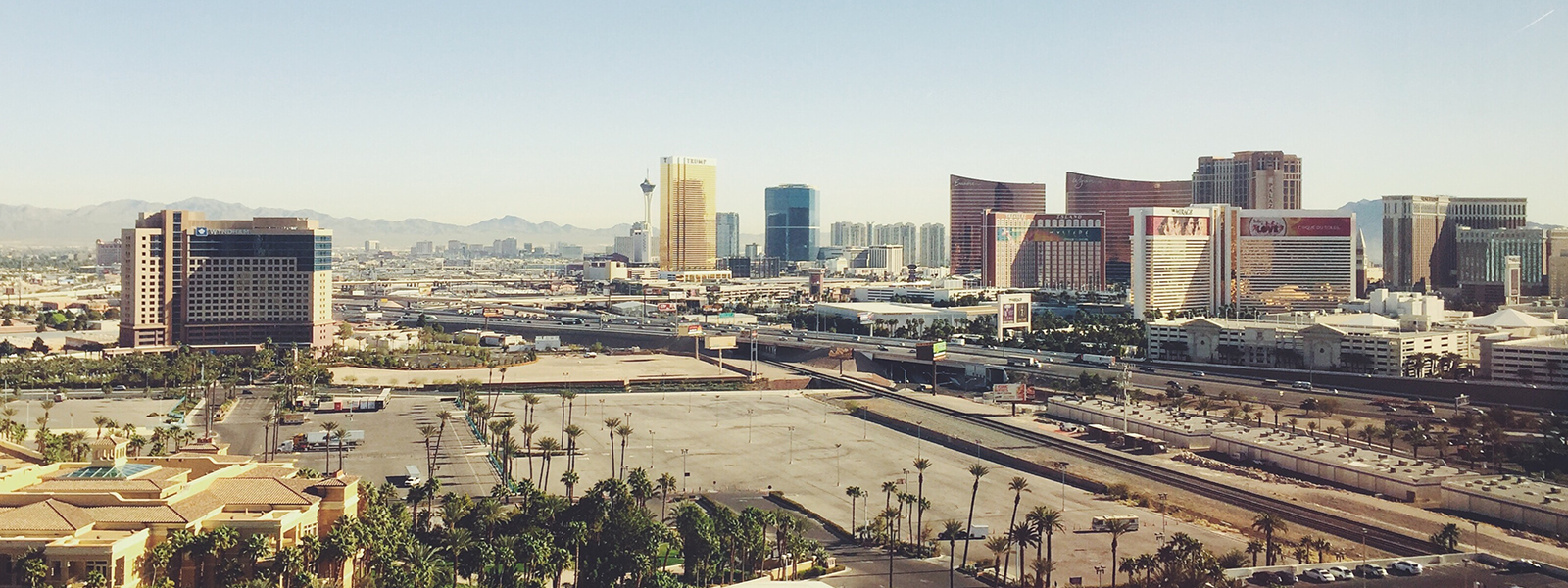 Nevada skyline of buildings with window film, graphics, and signage