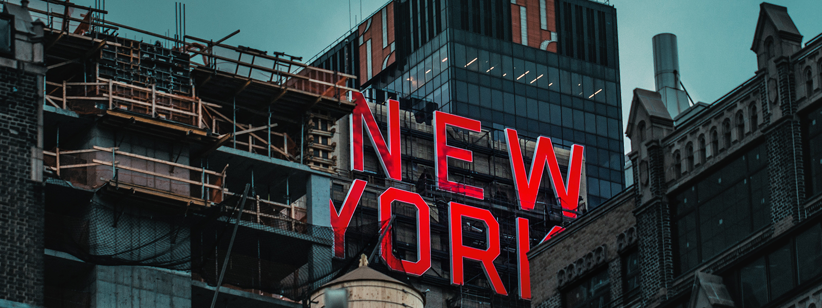 New York buildings with window film, graphics, and signage