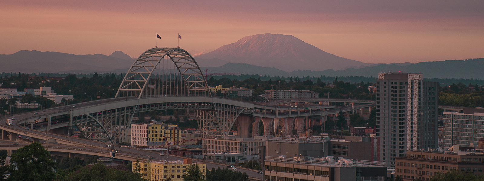 Oregon skyline of buildings with window film, graphics, and signage