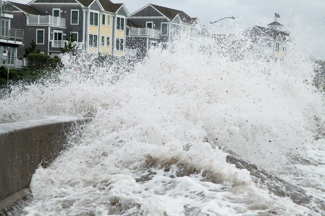 Hurricane wind and waves crashing on a shore