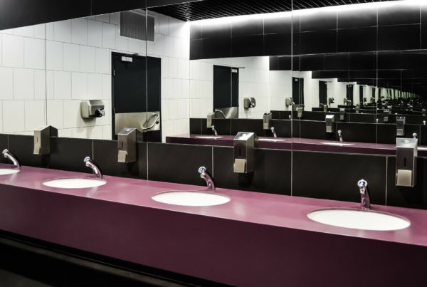 Bathroom featuring traditional standard glass mirrors with mirror protection film