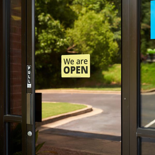 We Are Open Graphic on Door