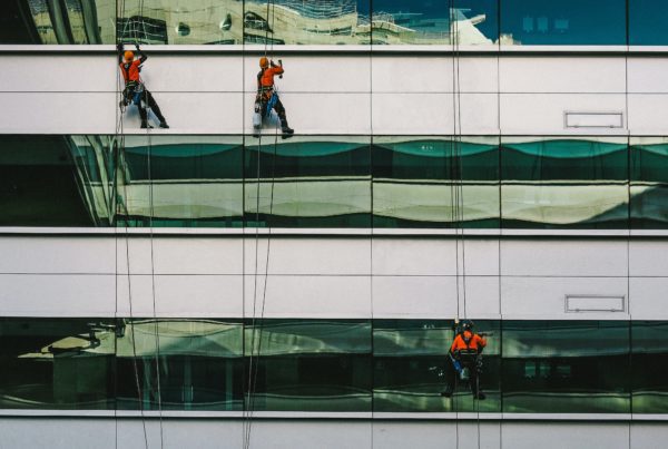 Window film installers installing window film on a building