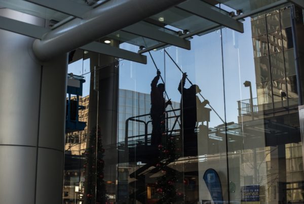 3M Window Film Installers Working on a Window