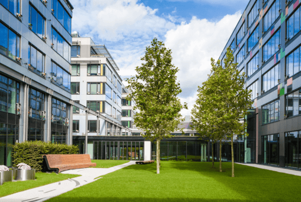 View of an office park between energy efficient office buildings