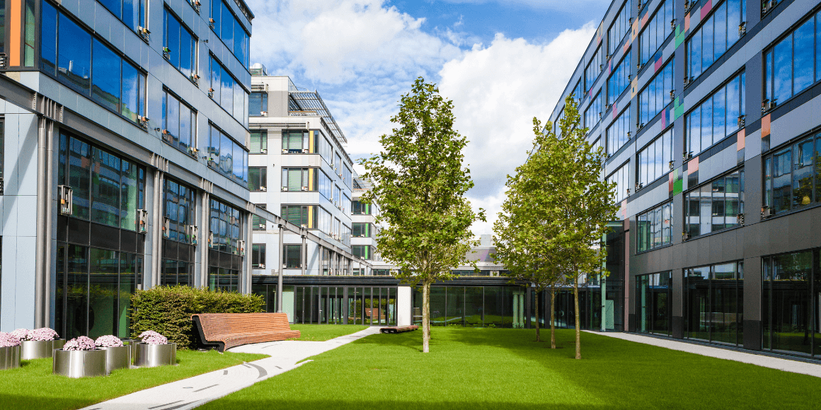 View of an office park between energy efficient office buildings