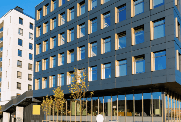 Front view of a commercial and a residential building