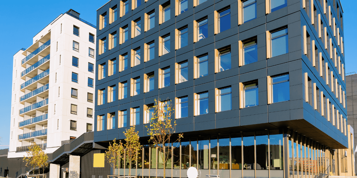 Front view of a commercial and a residential building